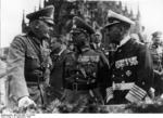 Field Marshal von Blomberg, Colonel General von Fritsch, and Admiral Raeder at the main market area of Nürnberg, Germany during a Nazi rally, 13 Sep 1936