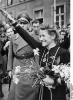 German Luftwaffe Flugkapitän Hanna Reitsch visiting her home town of Hirschberg, Germany, Mar-Apr 1941; note Reitsch