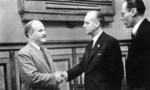 Vyacheslav Molotov and Joachim von Ribbentrop shaking hands at the meeting to amed the German-Soviet Boundary and Friendship Treaty, Moscow, Russia, 28 Sep 1939