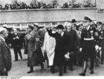French Prime Minister Edouard Daladier departing Munich, Germany after the Munich Conference, 30 Sep 1938, photo 1 of 2; Franz von Epp and Joachim von Ribbentrop also present