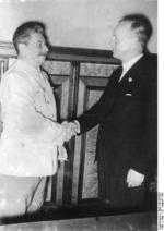 Stalin and Ribbentrop shaking hands after the signing of the German-Soviet non-aggression pact, Moscow, Russia, 23 Aug 1939
