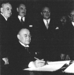 Prime Minister Shigeru Yoshida signing the Treaty of San Francisco, California, United States, 8 Sep 1951, photo 2 of 2