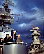Truman aboard USS Renshaw during Navy Day Fleet Review, New York City, New York, United States, 27 Oct 1945; note USS Missouri