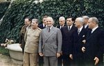 Joseph Stalin, Harry Truman, Andrei Gromyko, James Byrnes, Vyacheslav Molotov, Harry Vaughn, Charles Bohlen, James Vardaman, and Charles Griffith Ross (partially obscured) at the Potsdam Conference, Germany, 18 Jul 1945