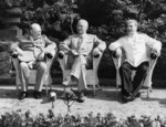 Winston Churchill, Harry Truman, and Joseph Stalin at the Potsdam Conference, Germany, 28 Jul 1945, photo 2 of 3