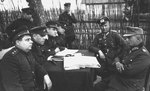 Soviet generals Aleksandr Vasilevsky and Ivan Chernyakhovsky accepting surrender from German generals Alfons Hitter and Friedrich Gollwitzer, Vitebsk, Byelorussia, 28 Jun 1944, photo 2 of 2