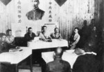 Lieutenant General Xiao Yisu speaking with the local Japanese surrender delegation, Zhijiang, Hunan Province, China, 21 Aug 1945, photo 1 of 2