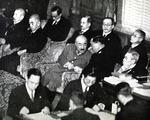 Japanese War Minister Seoshiro Itagaki and Naval Minister Mitsumasa Yonai in discussion at a Budget Committee session, Tokyo, Japan, Jan-Feb 1939; to Yonai