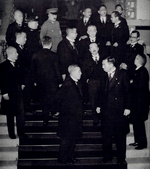 Japanese Prime Minister Kiichiro Hiranuma with members of his cabinet, Tokyo, Japan, 5 Jan 1939; note Minister-without-Portfolio Konoe, Interior Minister Kido, Naval Minister Yonai, War Minister Itagaki, Foreign Minister Arita