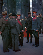 Georgi Zhukov, Konstantin Rokossovsky, and other Soviet officers greeting Bernard Montgomery and other British officers at the Brandenburg Gate, Berlin, Germany, 12 Jul 1945