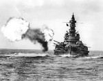 USS Alabama firing a broadside in the Atlantic Ocean, 1943