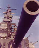 Close up view of the left gun of the after turret aboard USS Alabama during her shakedown period, Casco Bay, Maine, United States, Dec 1942
