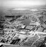 Aerial view of the Reserve Fleet Basin at the Philadelphia Navy Yard, Pennsylvania, United States, 19 May 1955