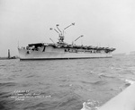 Belleau Wood in the Delaware River off the Philadelphia Navy Yard, Pennsylvania, United States, 18 Apr 1943, photo 2 of 2; note location of SK, SC, and SG radar and YE aircraft homing beacon antennas