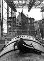 Submarines Blenny (background) and Cochino (foreground) under construction at the Electric Boat Company in Groton, Connecticut, United States, early Apr 1944