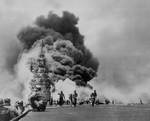 Carrier USS Bunker Hill burning after the second special attack off Okinawa, Japan, 11 May 1945