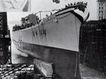 Canberra sliding down the ways, Bethlehem Steel Company Fore River Shipyard, Quincy, Massachusetts, United States, 19 Apr 1943