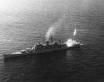 Guided missile cruiser Canberra firing a Terrier guided missile during training exercise, Atlantic Ocean, Feb 1957