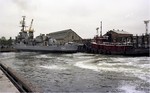 Boston Towing tugboat Mars towing USS Cassin Young from Dry Dock 1 of Charlestown Navy Yard, Massachusetts, United States, May 1981