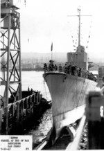 Launching of USS Cassin Young, Bethlehem Shipbuilding Corporation shipyard, San Pedro, California, United States, 12 Sep 1943