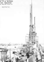 Superstructure of USS Cod during overhaul, Mare Island Naval Shipyard, California, United States, Feb 1945