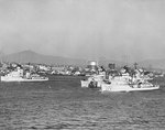 Destroyers Drayton, Preston (Mahan-class), and Perkins underway in San Diego Harbor, California, United States, 1938