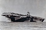 USS Essex departing San Francisco Naval Shipyard, California, United States, 15 Apr 1944, photo 2 of 4; note camouflage measure 32 design 6/10D