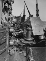 Special attack damaged USS Essex, late Nov 1944; note Oerlikon cannon and ammunition cans