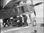 Armourers loading a 1,600-lb bomb onto a Barracuda aircraft aboard HMS Formidable, 1940s