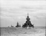 Force H warships HMS Duke of York, HMS Nelson, HMS Renown, HMS Formidable, and HMS Argonaut underway off North Africa, Nov 1942