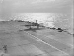 Fulmar aircraft of No. 803 Squadron FAA landing on HMS Formidable in the Indian Ocean off Madagasgar, late Apr to early May 1942