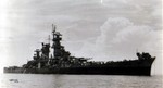 Starboard bow view of large cruiser Guam, circa late 1944