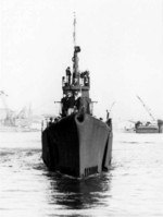 Bow view of USS Gunnel off Mare Island Naval Shipyard, Vallejo, California, United States, Oct 1943