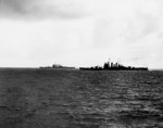 Sister-ships USS St. Louis (left) and USS Helena steaming north from Espiritu Santo, New Hebrides toward the Solomon Islands, 28 Jun 1943. Helena would be lost two weeks later.