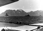Heavy cruiser Admiral Hipper and destroyers in a Norwegian fjord, photographed from Tirpitz, circa 1942
