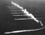 US Navy Destroyer Squadron 20 laying a smoke screen off San Diego, California, United States, 14 Sep 1936; note destroyers Farragut, Dewey, Hull, Macdonough, Worden, Dale, Monaghan, and Aylwin