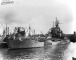 Battleship Indiana at Pearl Harbor Navy Yard, US Territory of Hawaii, 13 Feb 1944, photo 1 of 4; note damage from collision with Washington
