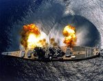 USS Iowa firing a full broadside during practice off Vieques island, Puerto Rico, 1 Jul 1984