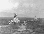 USS Missouri leading USS Iowa into Tokyo Bay, Japan, 30 Aug 1945, photo 2 of 2; note USS Nicholas and USS O
