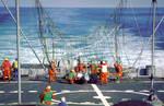 USS Iowa cremen recovering a Pioneer I remotely-piloted vehicle, 1 Nov 1986