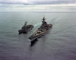 Guided missile frigate USS Halyburton receiving fuel from battleship USS Iowa in the North Atlantic, 6 Sep 1985, photo 1 of 5