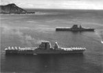 USS Saratoga (foreground) and USS Lexington (background) off Honolulu, Oahu, US Territory of Hawaii, with Diamond Head in the background, 2 Feb 1933