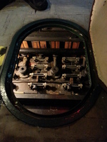 View of some of the Sargo battery cells through a floor hatch aboard museum ship Ling, Hackensack, New Jersey, United States, 31 Aug 2013
