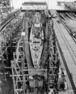 Tiru under construction at Mare Island Naval Shipyard, California, United States, 3 Jan 1946; submarines in background were Bashaw, Pampanito, Mingo, Gurnard, Macabi, Tunny, Guavina, and Sand Lance
