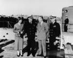 Elizabeth Murphy, Fleet Admiral Chester Nimitz, Harry Murphy, and Rear Admiral L. S. Fiske at the recommissioning ceremony of USS Menhaden, Mare Island Naval Shipyard, California, United States, 9 Mar 1953