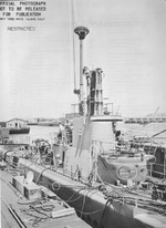 USS Mingo at Mare Island Naval Shipyard, California, United States, Jul 1945; circles on photograph denoted additions done during this overhaul