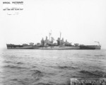 USS Montpelier at Mare Island Navy Yard, California, United States following overhaul, 18 Oct 1944, photo 1 of 2; note camouflage Measure 32, Design 11a