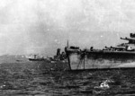 Musashi, Yamato, a cruiser, and Nagato at Brunei, Borneo, Oct 1944; cropped photograph