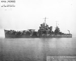 Nashville off the Mare Island Navy Yard, California, United States, 1 Apr 1942. Note her modified Measure 12 paint scheme. Photo 1 of 2.