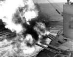 Nevada firing her forward 14-inch guns off Utah Beach, Normandy, France, 6 Jun 1944